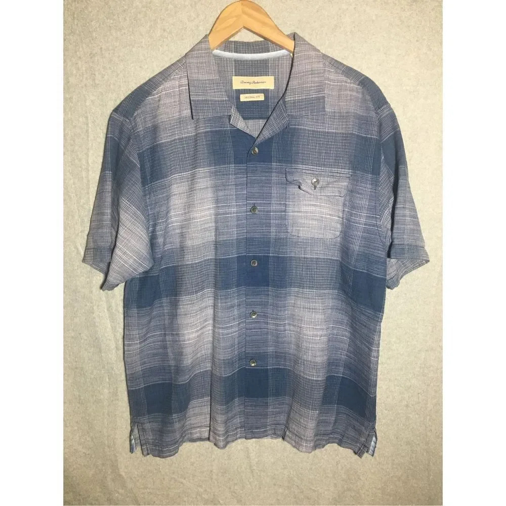Mens Tommy Bahama Button Up Shirt Blue Plaid Casual Beachy Vacation Summer